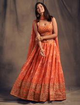 🧡 Orange Floral Embroidered Lehenga Set ✨