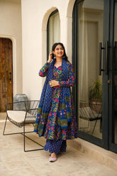Royal Blue Floral Anarkali Set with Dupatta 🌸✨