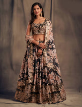 🌹 Black Floral Printed Embroidered Lehenga Set with Dupatta 🌹