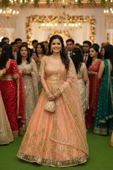 Peach Gold Embroidered Partywear Lehenga 🌸✨