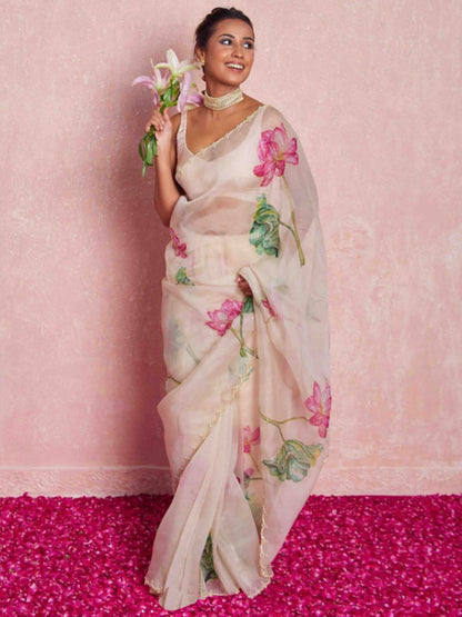 🌸 Elegant Printed Organza Saree - Lotus Bloom Edition