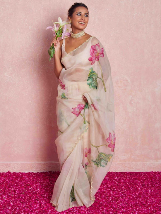 🌸 Elegant Printed Organza Saree - Lotus Bloom Edition