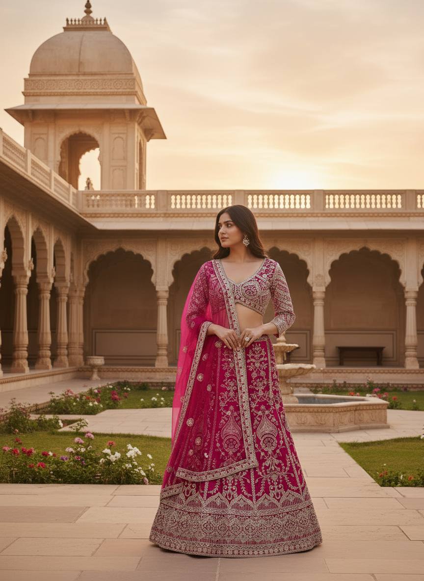 Fuchsia Pink Embroidered Bridal Lehenga Choli with Net Dupatta 🌸✨