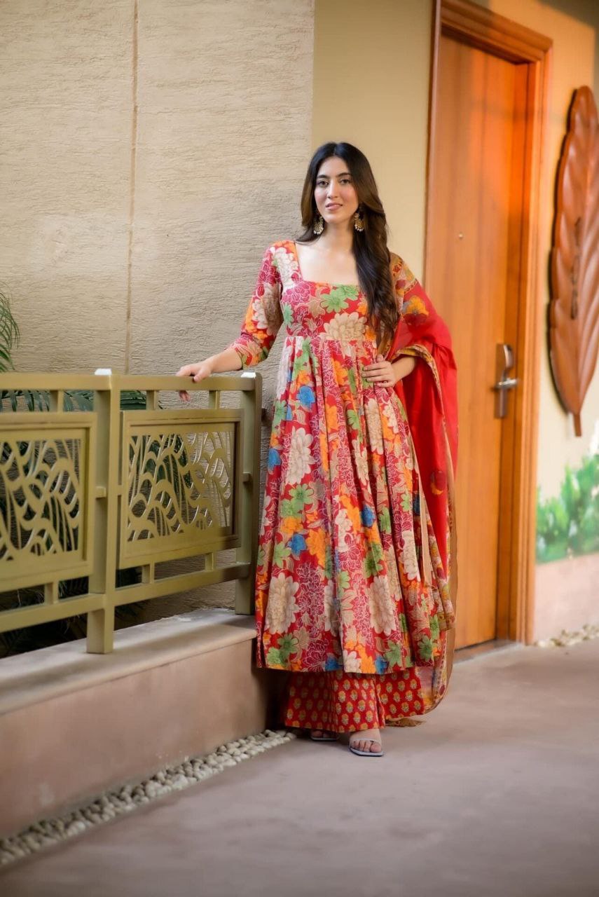 Vibrant Floral Print Anarkali Set with Red Dupatta 🌸✨