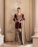 Maroon Embroidered Sharara Set with Golden Detailing