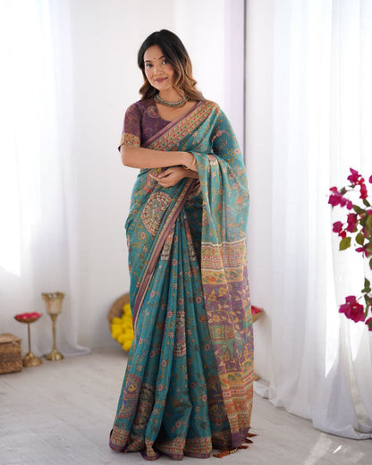 Meera Teal Printed Art Silk Saree