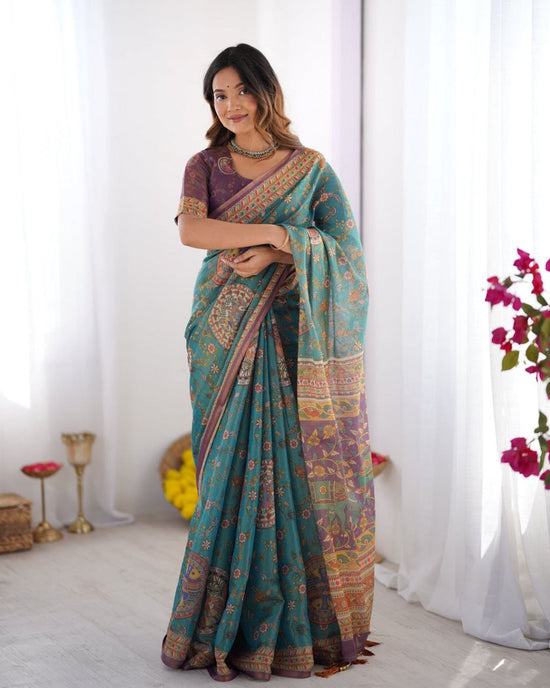 Meera Teal Printed Art Silk Saree