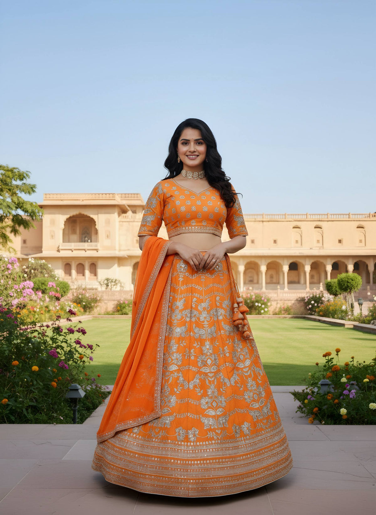 Vibrant Orange Embroidered Silk Lehenga Choli with Dupatta ✨