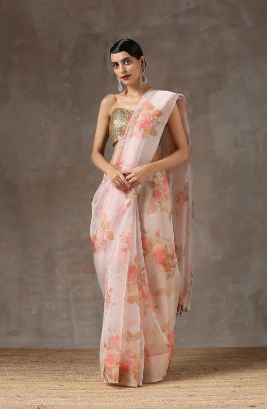 🌸 Blush Bloom Organza Saree – Romantic Florals in Motion