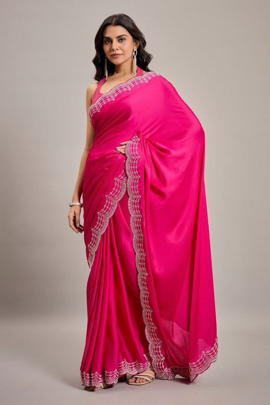 💖 Radiant Rani Pink Satin Saree – Luxe Swarovski Edition
