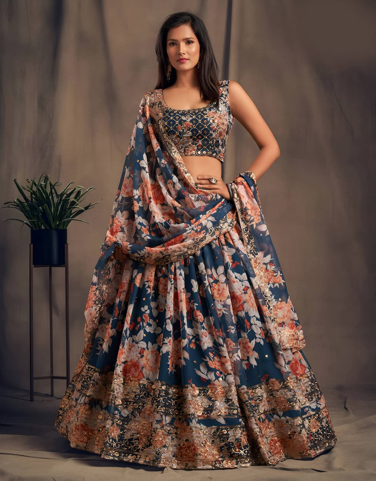 🌸 Navy Blue Floral Embroidered Lehenga Set ✨