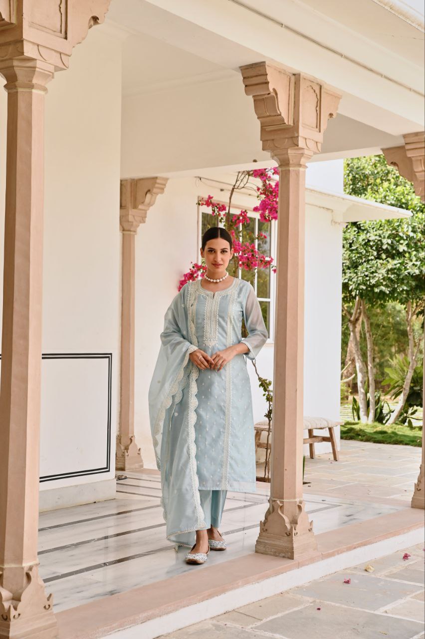 ❄️ Serene Pastel Blue Embroidered Suit Set