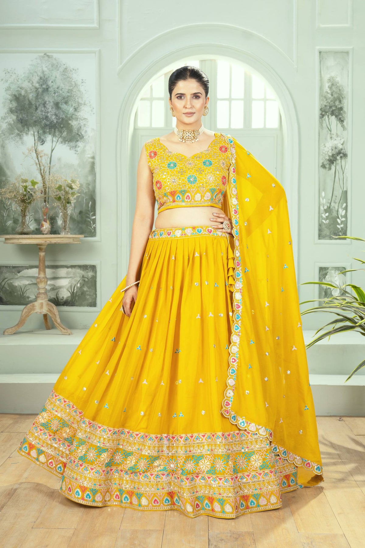 🌼 Sunshine Yellow Multicolor Embroidered Lehenga Set – Festive & Haldi Special 🌼