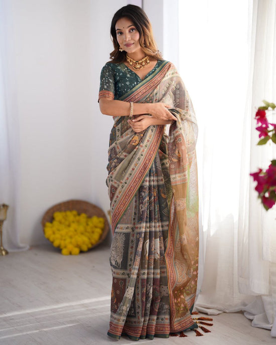 Karishma Beige & Bottle Green Saree