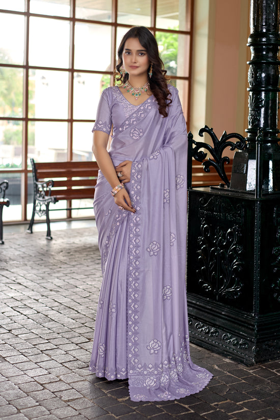 💜 Lavender Satin Fendy Saree with Swarovski and Beads Work