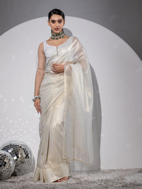 🕊️ Elegant Ivory Organza Saree with Subtle Sheen