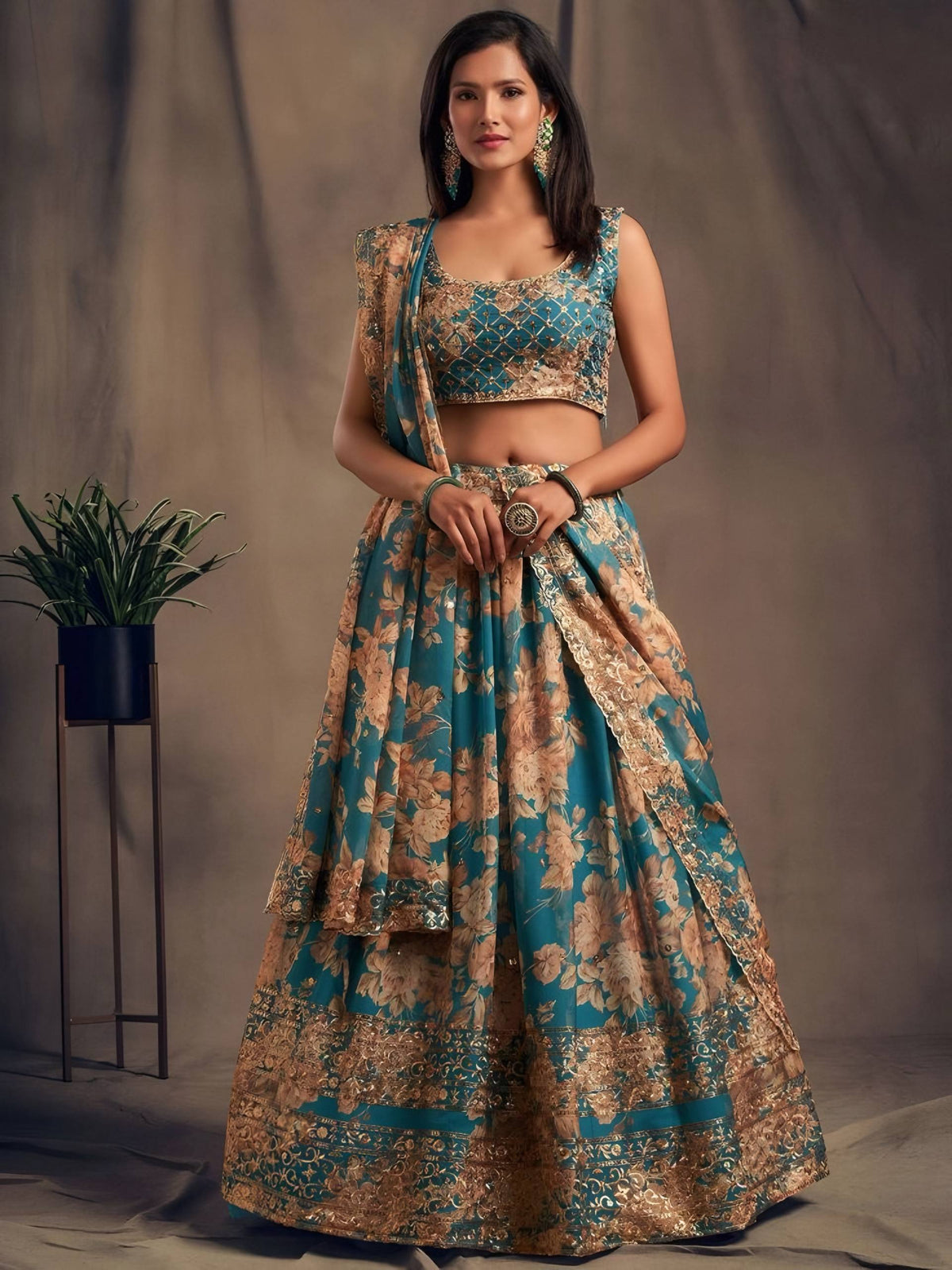 🌿 Teal Blue Floral Embroidered Lehenga Set ✨