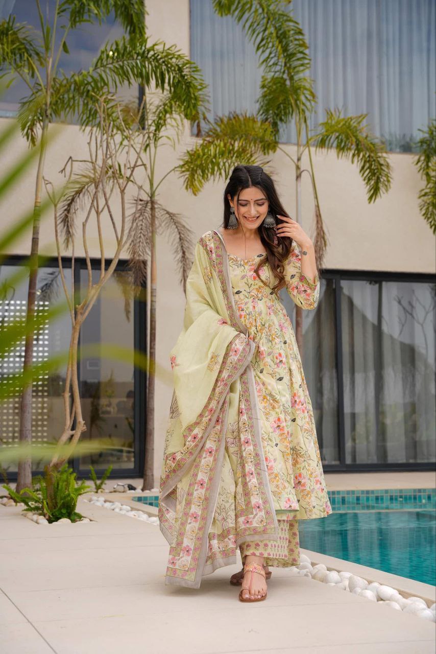 Pastel Green Floral Anarkali Set with Printed Dupatta 🌸💚