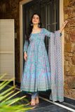 🌸 Elegant Sky Blue Floral Anarkali Kurta Set with Dupatta 🌸