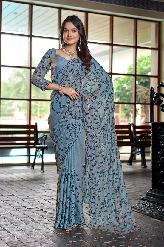 Powder Blue Satin Fendy Saree with Beads & Swarovski Work