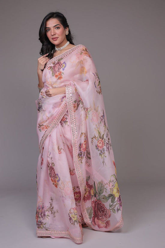 🌷 Blush Pink Floral Organza Saree – Garden Romance Edition