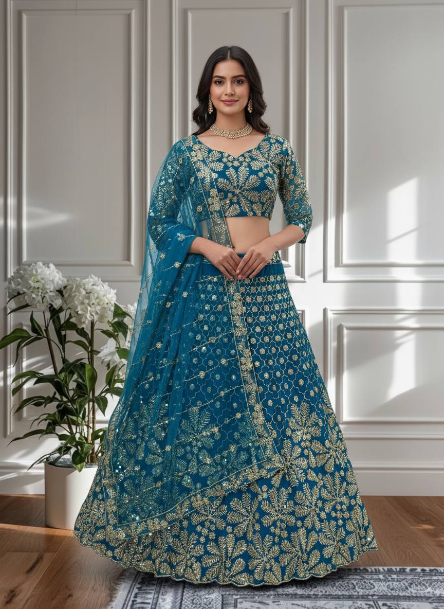 ✨ Teal Blue Embroidered Net Lehenga Choli with Dupatta