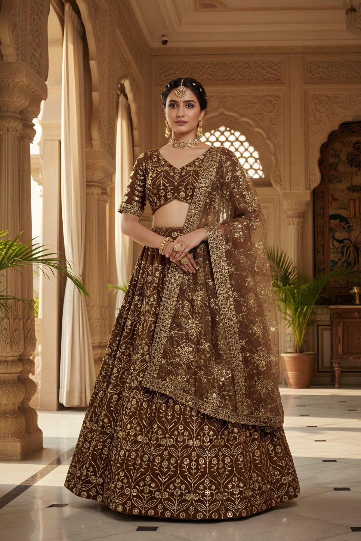 ✨ Regal Brown & Gold Embroidered Lehenga Set – Wedding & Festive Wear ✨