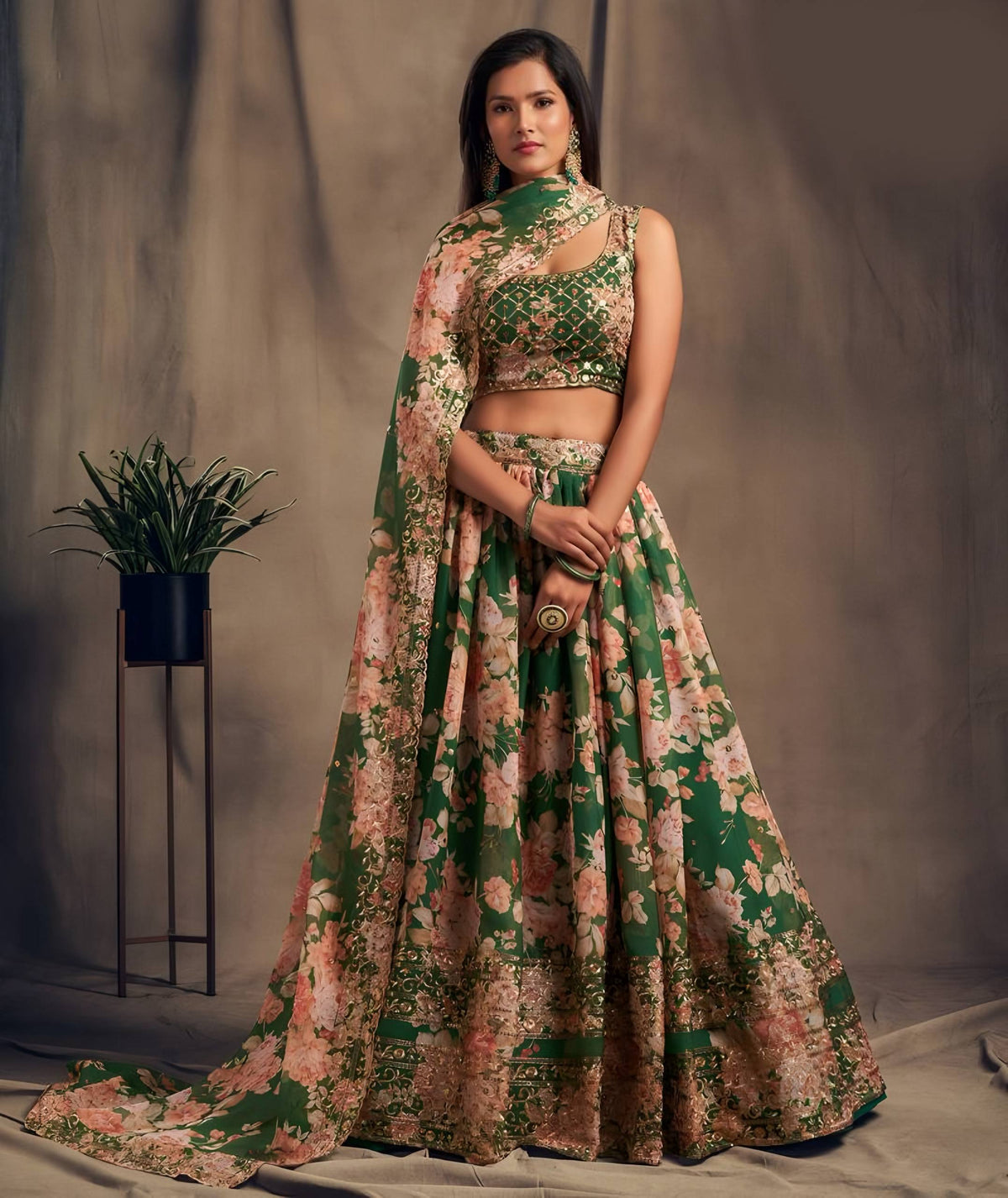 🌿 Green Floral Embroidered Lehenga Set ✨