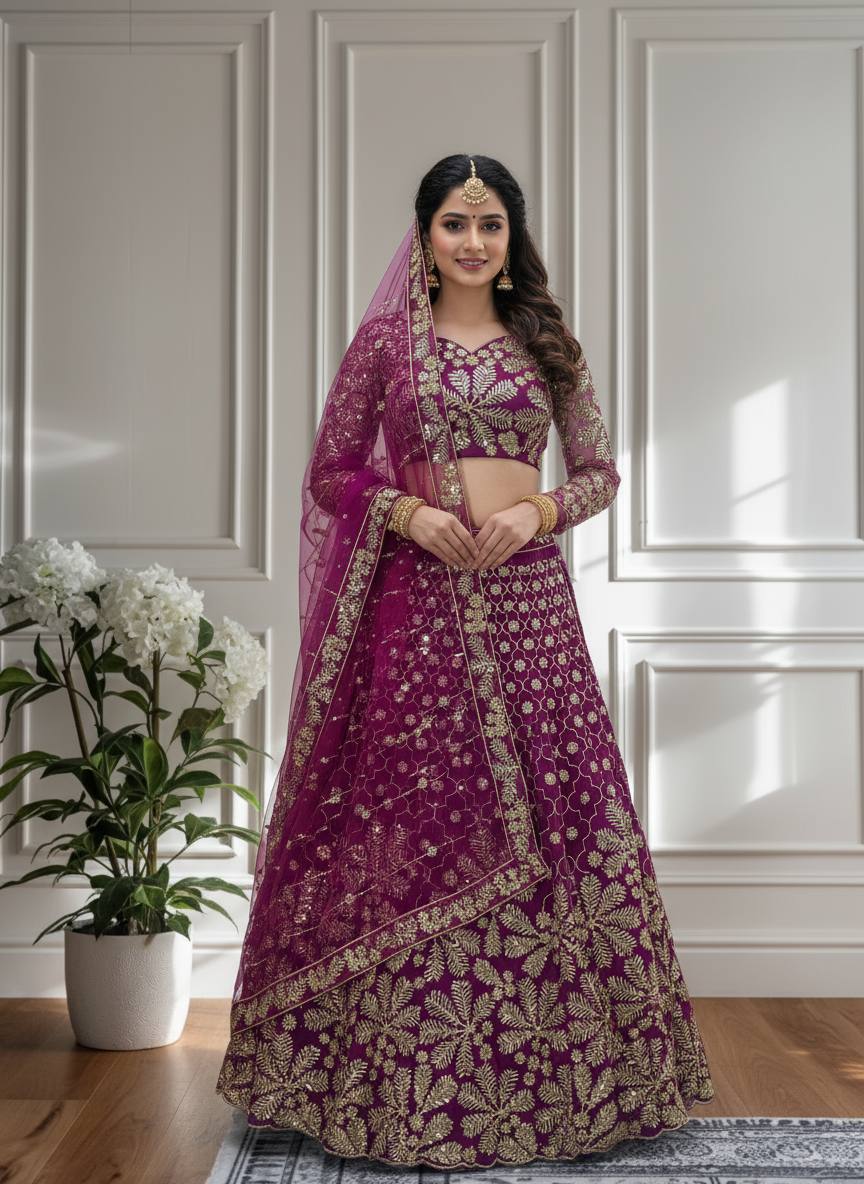 🌸 Magenta Embroidered Bridal Net Lehenga Set with Dupatta 🌸