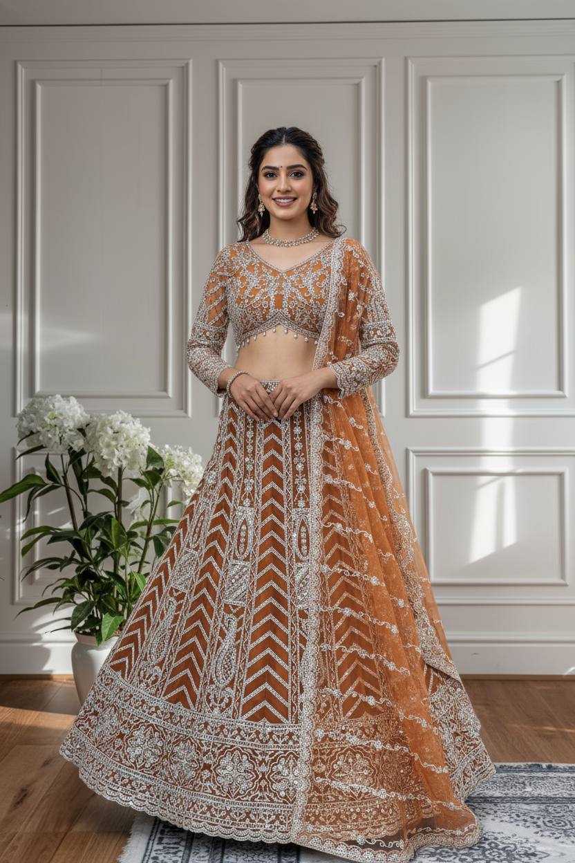 Rust Orange Heavy Embroidered Bridal Lehenga ✨👰