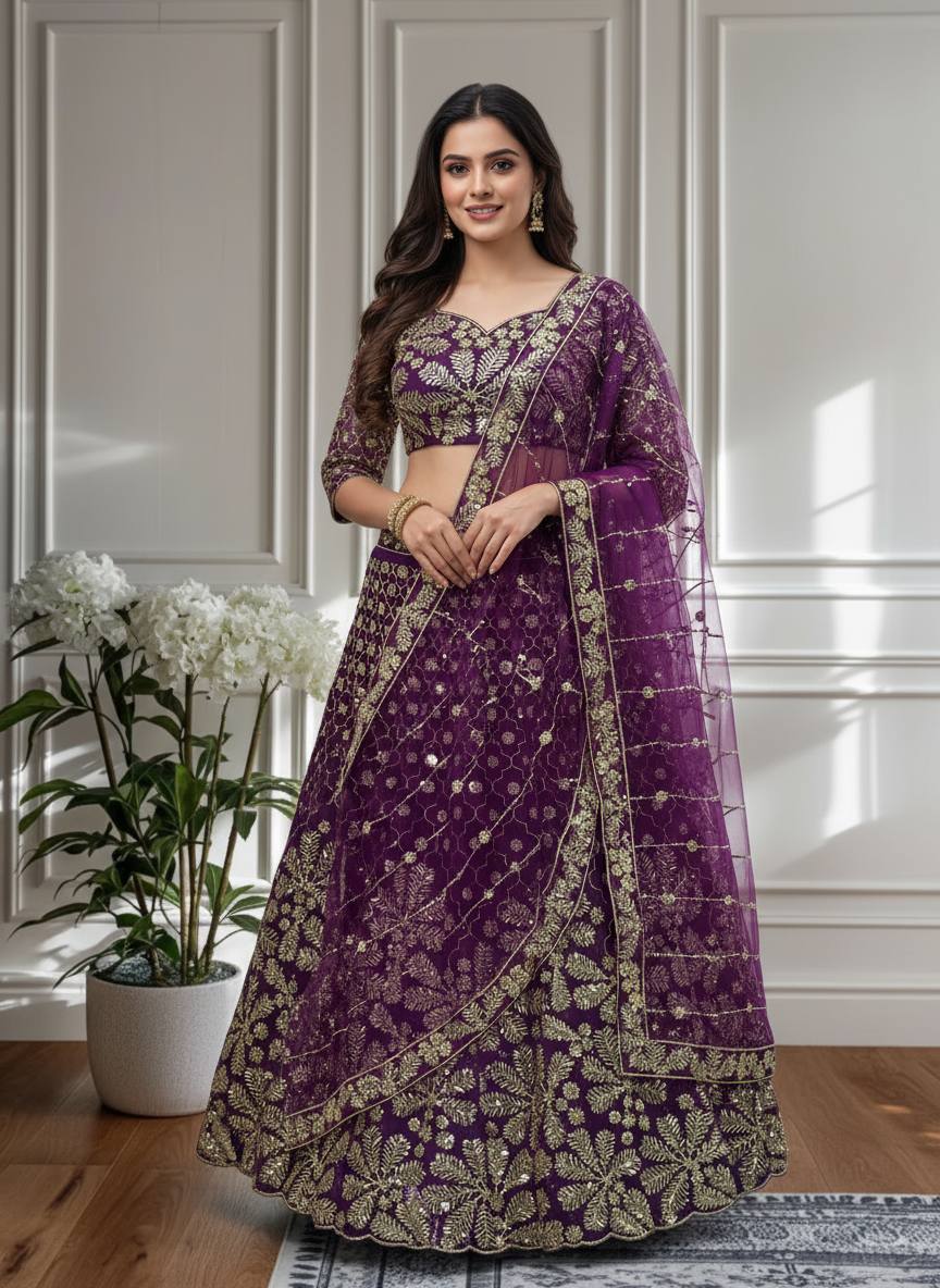 ✨ Regal Purple Embroidered Net Lehenga Set with Dupatta ✨