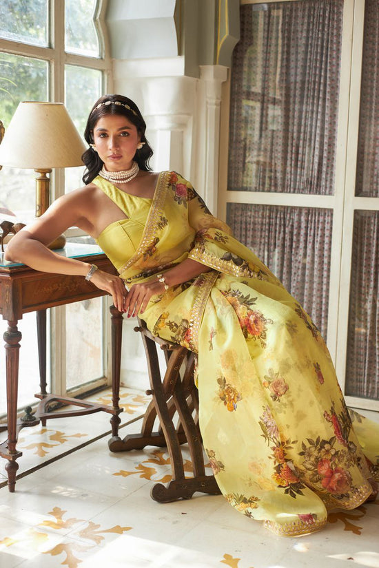 🌼 Golden Glow Floral Organza Saree – Royal Garden Edition