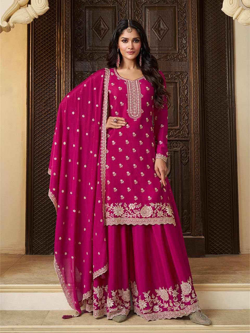 Magenta Embroidered Sharara Suit with Dupatta