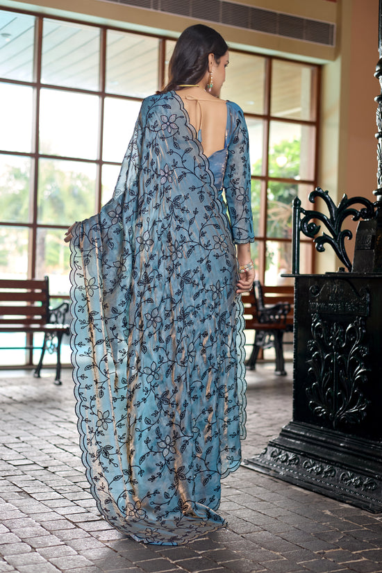 Powder Blue Satin Fendy Saree with Beads & Swarovski Work