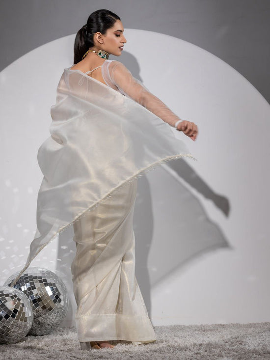 🕊️ Elegant Ivory Organza Saree with Subtle Sheen