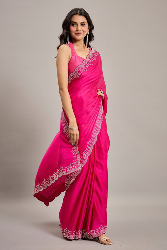 💖 Radiant Rani Pink Satin Saree – Luxe Swarovski Edition