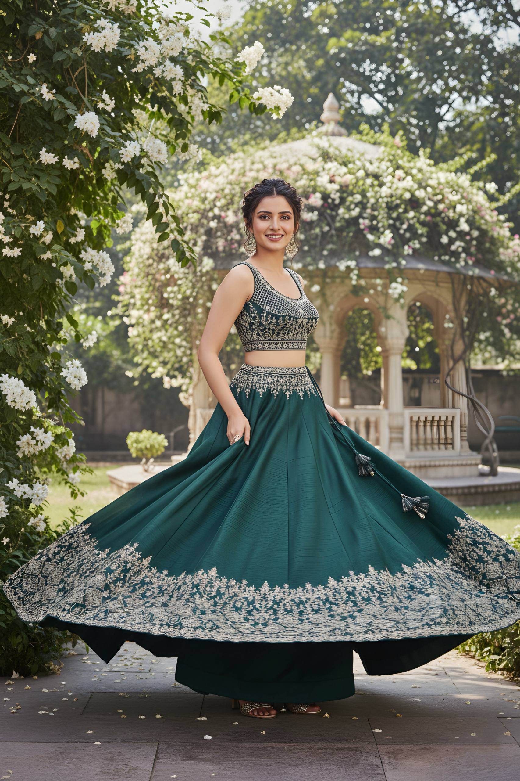 Emerald Green Embroidered Lehenga Set with Dupatta 💚✨