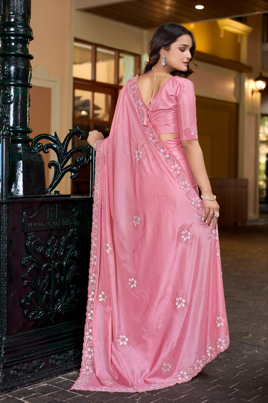 Blush Pink Satin Silk Saree with Swarovski and Beads Work