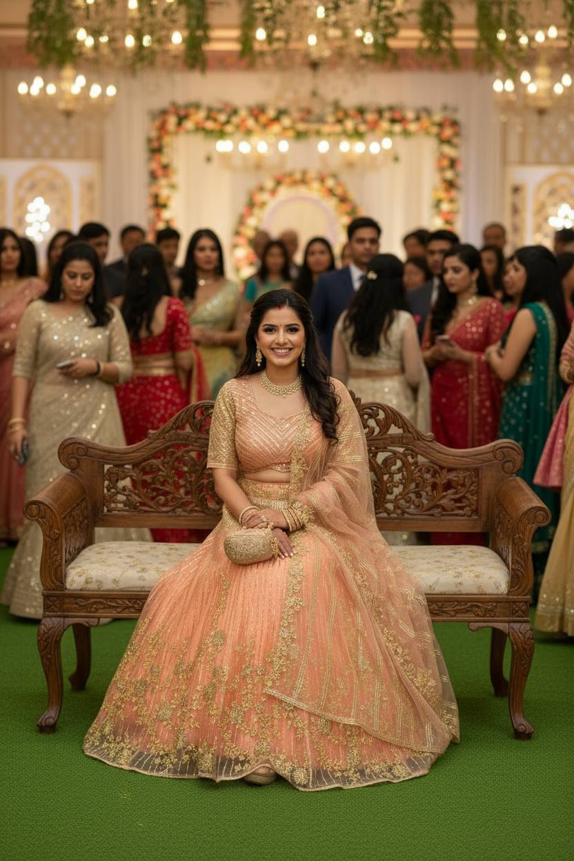 Peach Gold Embroidered Partywear Lehenga 🌸✨