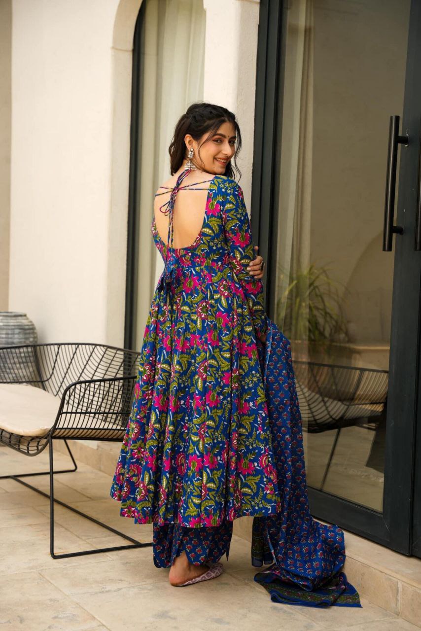 Royal Blue Floral Anarkali Set with Dupatta 🌸✨