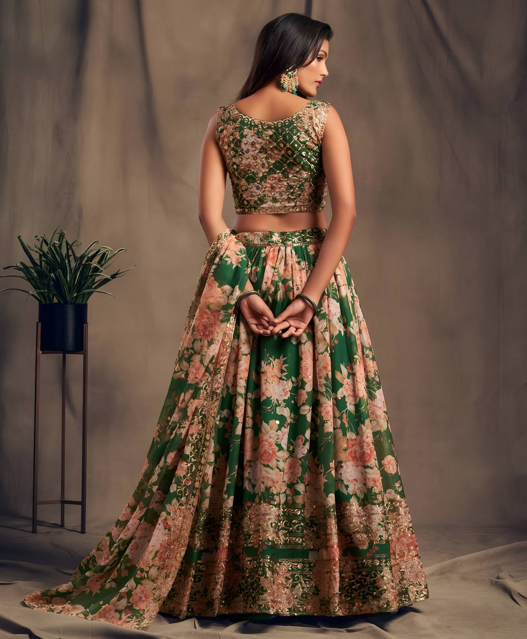 🌿 Green Floral Embroidered Lehenga Set ✨