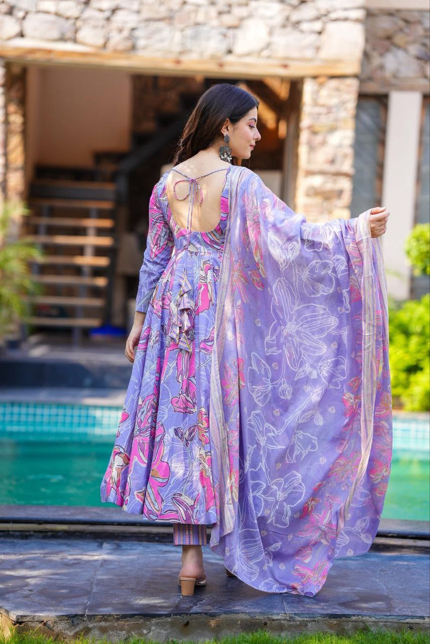 💜 Lavender Floral Anarkali Kurta Set with Dupatta 💜