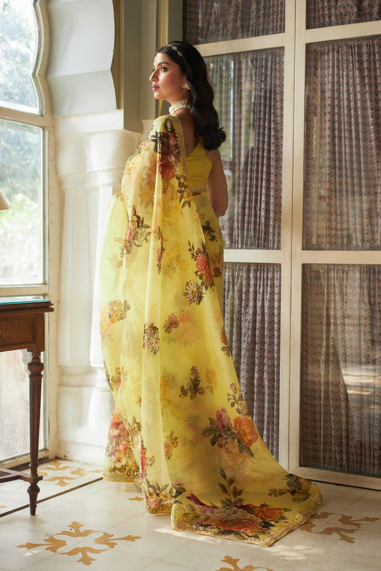 🌼 Golden Glow Floral Organza Saree – Royal Garden Edition