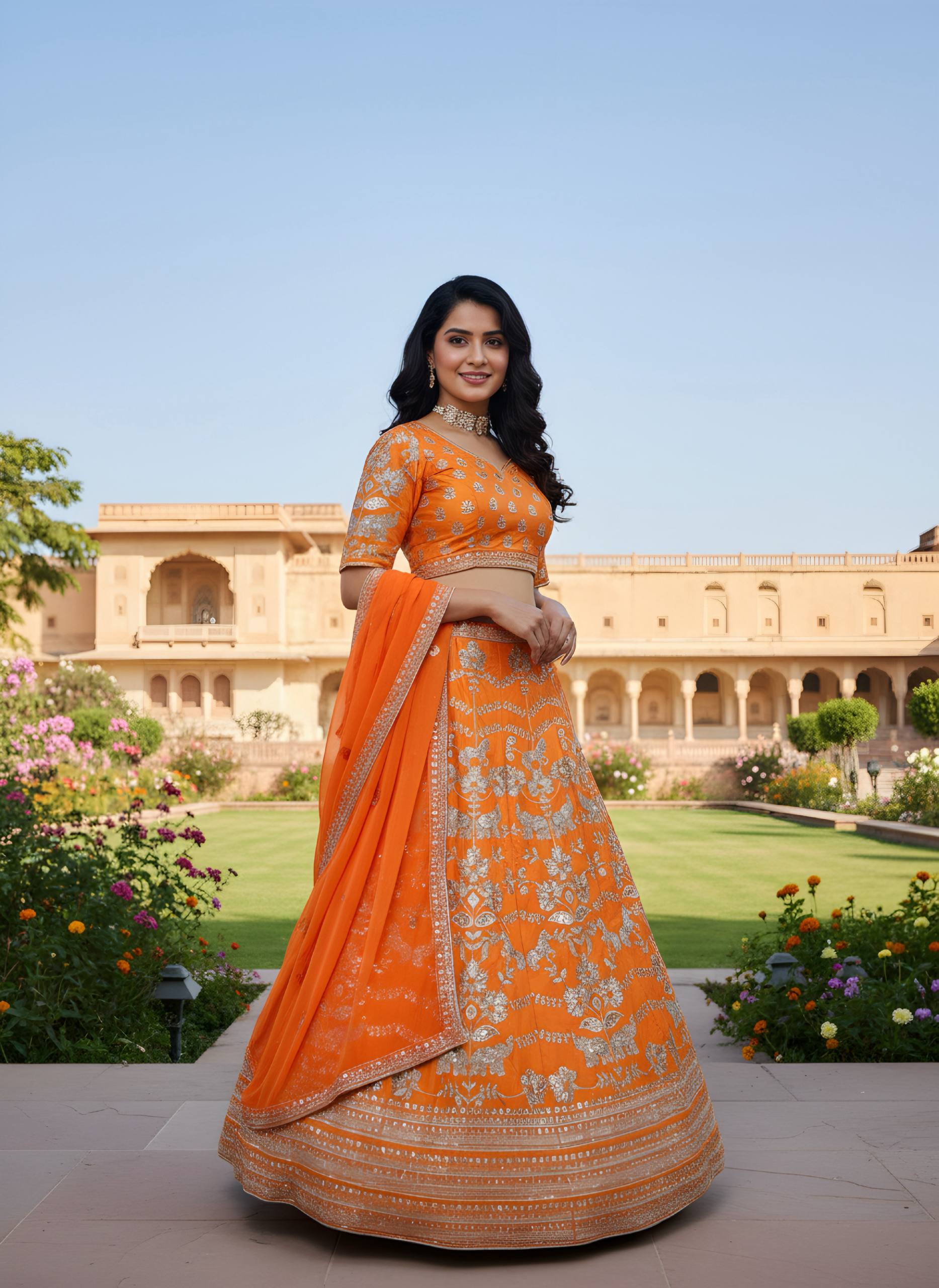 Vibrant Orange Embroidered Silk Lehenga Choli with Dupatta ✨