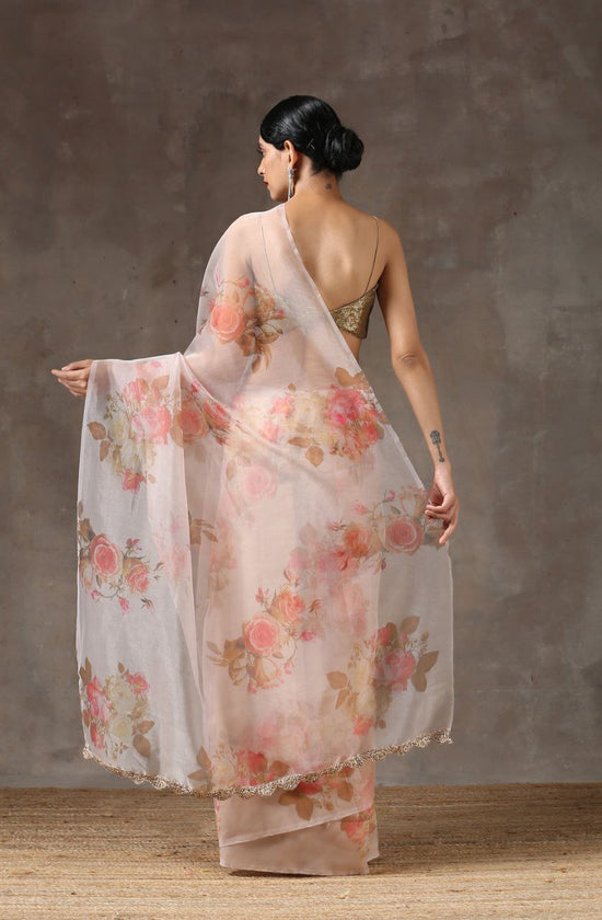 🌸 Blush Bloom Organza Saree – Romantic Florals in Motion