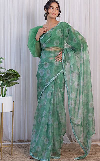 🌿 Emerald Bloom Floral Organza Saree with Belt