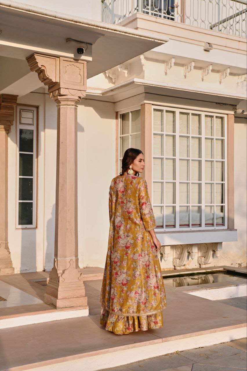 Sunshine Yellow Floral Printed Lehenga Set with Jacket