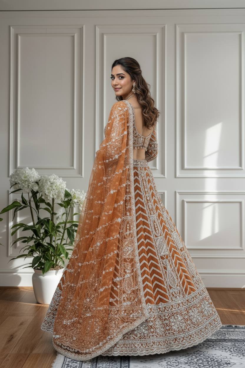 Rust Orange Heavy Embroidered Bridal Lehenga ✨👰