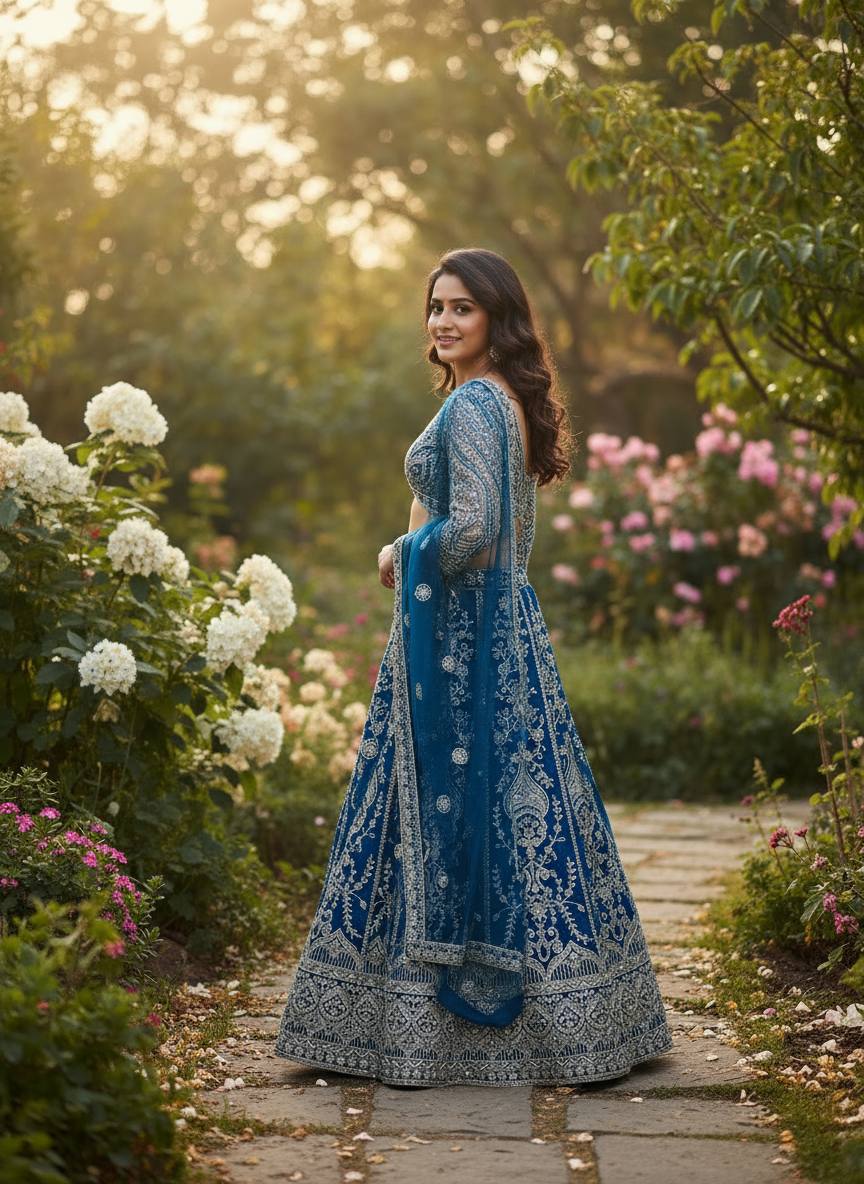 Royal Blue Embroidered Bridal Lehenga Choli with Net Dupatta ✨