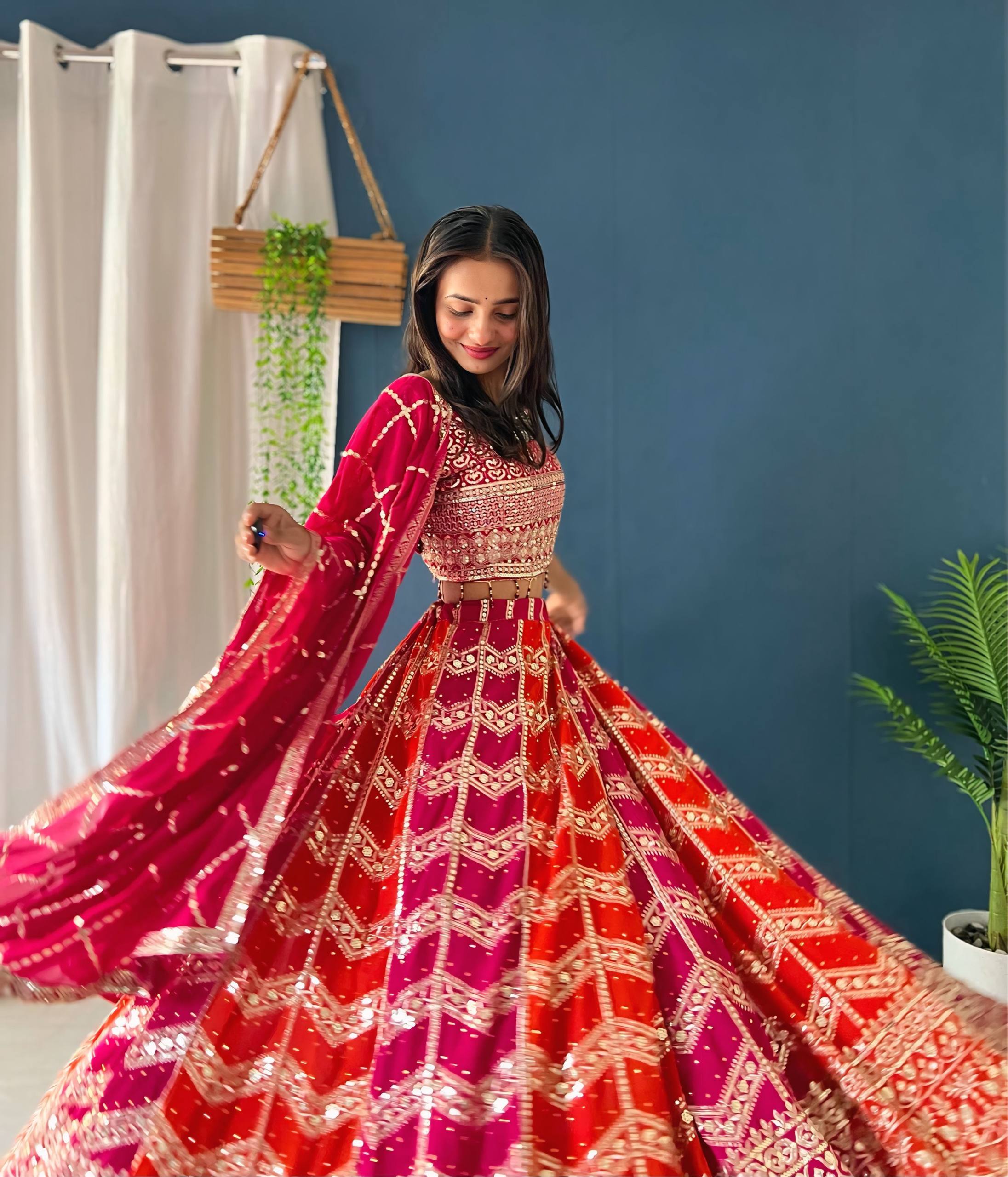Pink & Orange Ombre Embroidered Work Lehenga Choli with Dupatta ✨🌺
